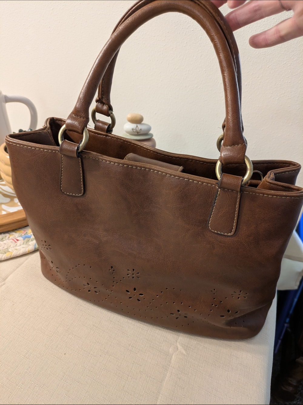 Rosetti Brown Satchel Bag With Crossbody Strap with Floral Cutouts, Coin Purse